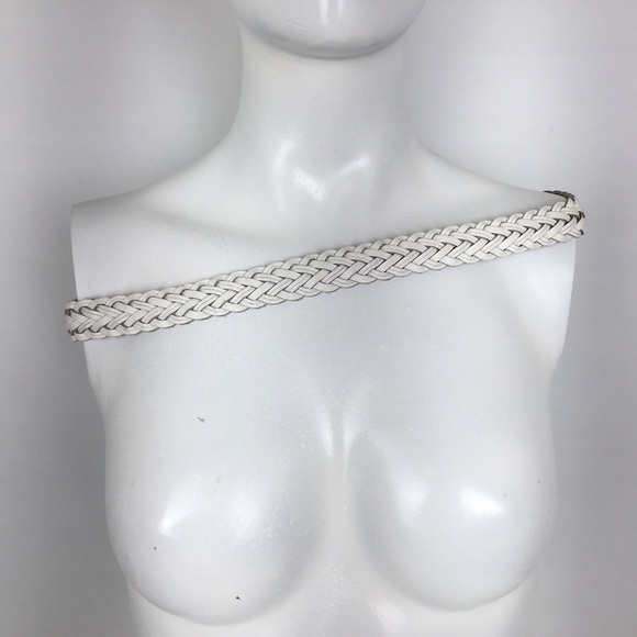 Women’s White Braided Woven Leather Belt Silver Tone Buckle Ladies M/L Cowgirl
